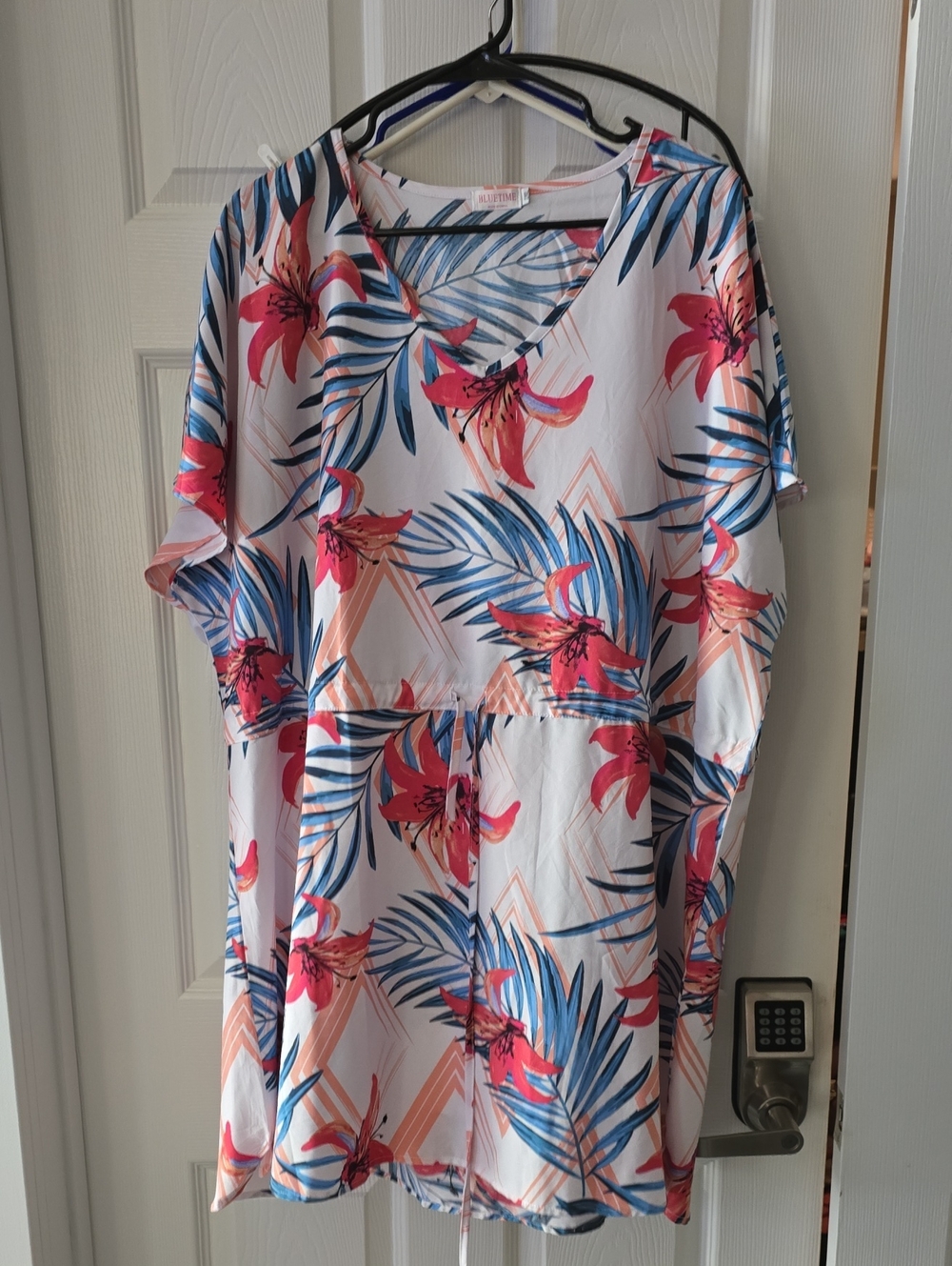 Tropical Floral V-Neck Tunic Dress/Swim Cover - White, Blue & Coral